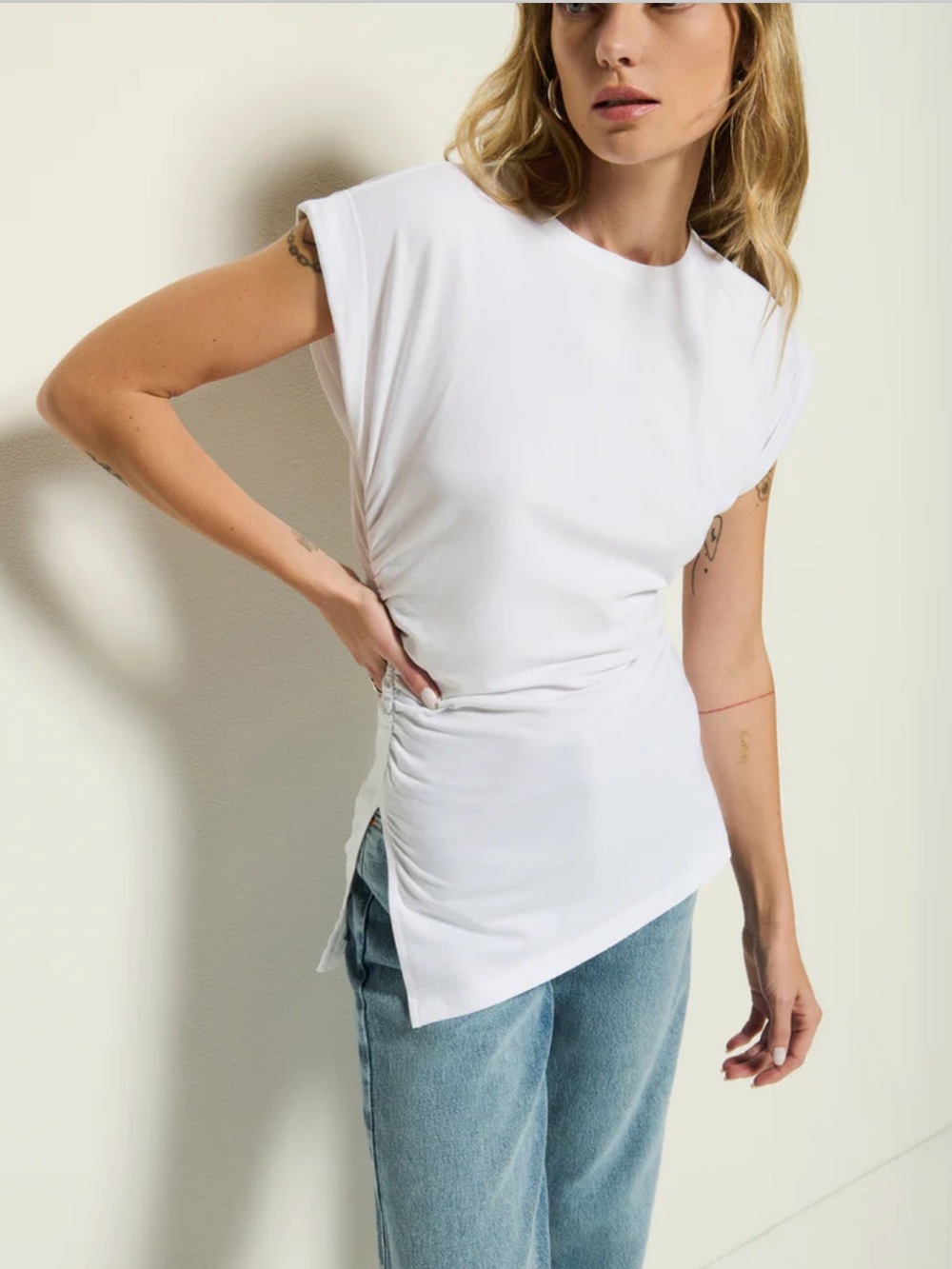 Nation LA Anthropologie Sadee Crewneck Ruched White Tee✨NEW $118 NWT Sz Small